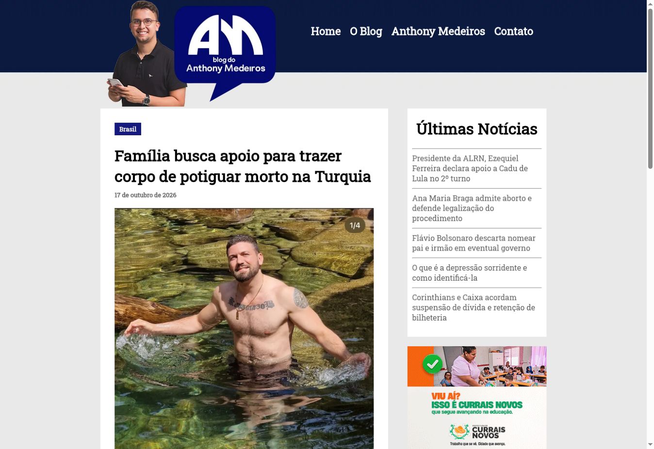 Page capture from Blog do Anthony Medeiros: Família busca apoio para trazer corpo de potiguar morto na Turquia