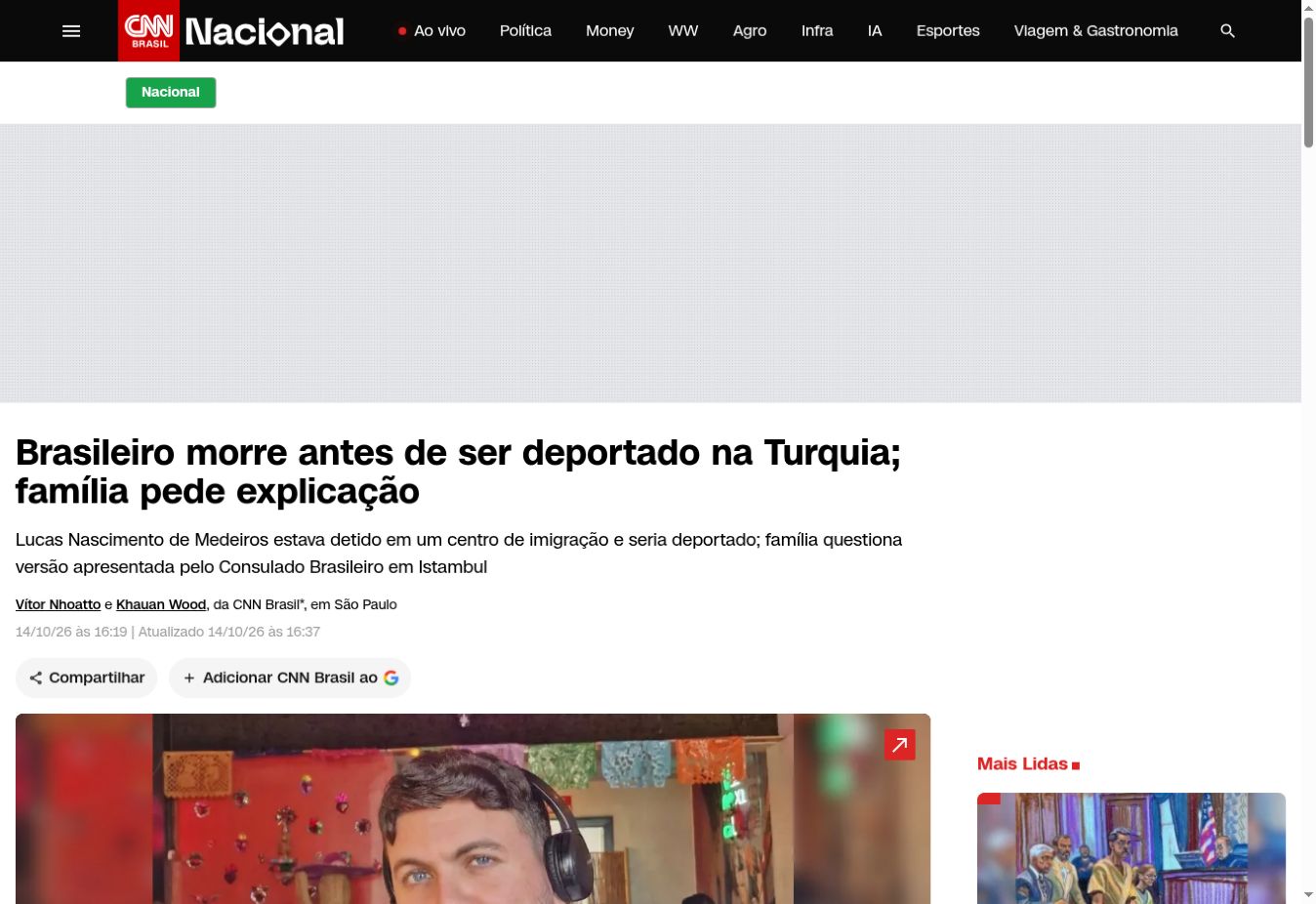 Captura de página de CNN Brasil: Brasileiro morre antes de ser deportado na Turquia; família pede explicação