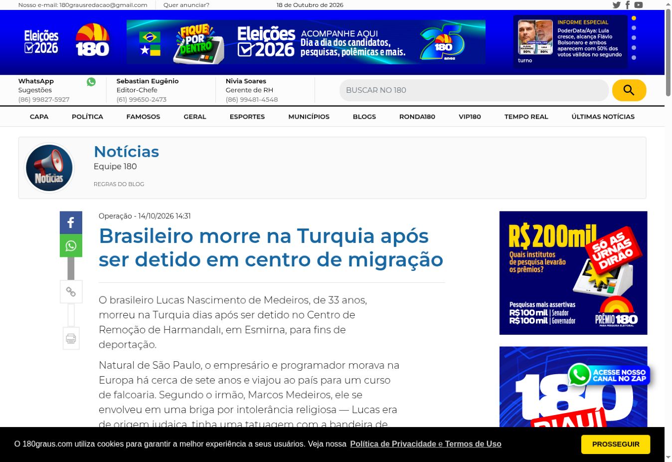 Page capture from 180graus: Brasileiro morre na Turquia após ser detido em centro de migração